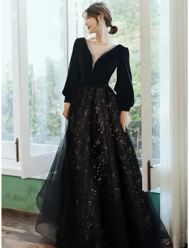 A-Line Evening Gown Dress Wedding Floor Length Long Sleeve V Neck Satin with Crystals Sequin