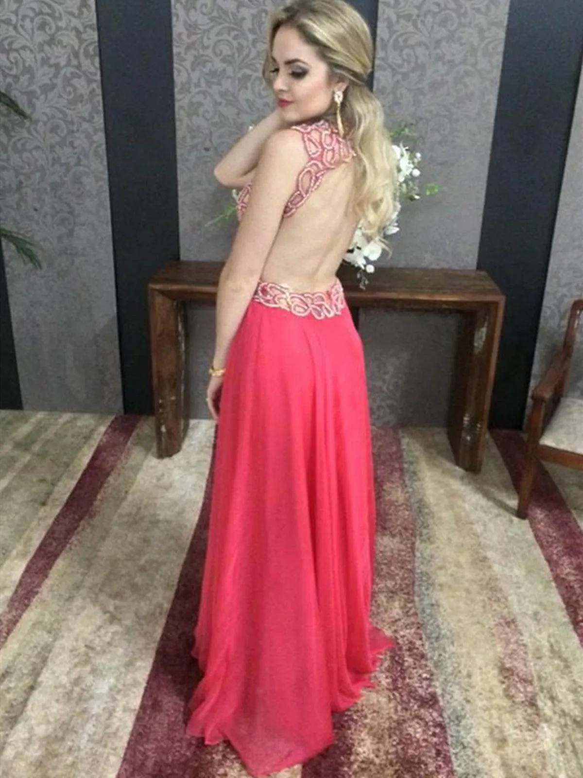 A-Line V-Neck Chiffon Long/Floor-Length Prom Dress With Beaded, V-Neck Beaded Evening Dress