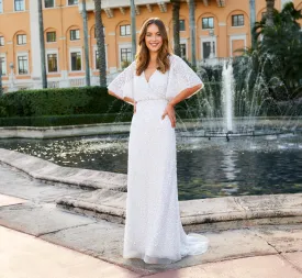 Allover Beaded A-Line Blouson Gown With V-Neckline In Ivory Pearl