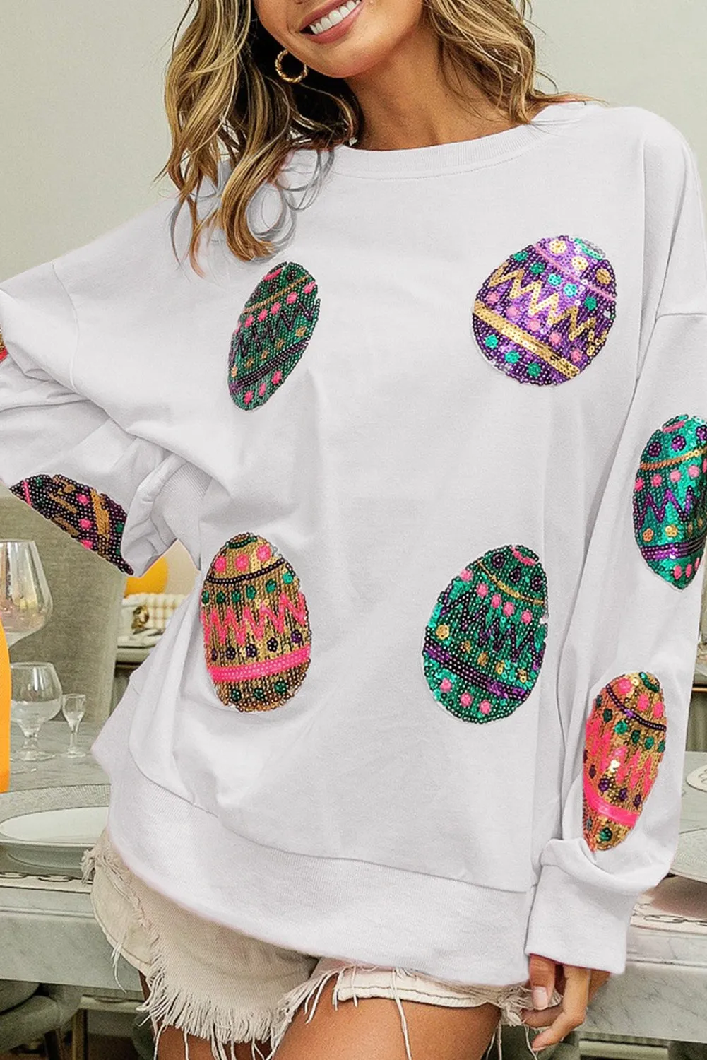 Black Sequined Easter Egg Drop Shoulder Oversized Sweatshirt