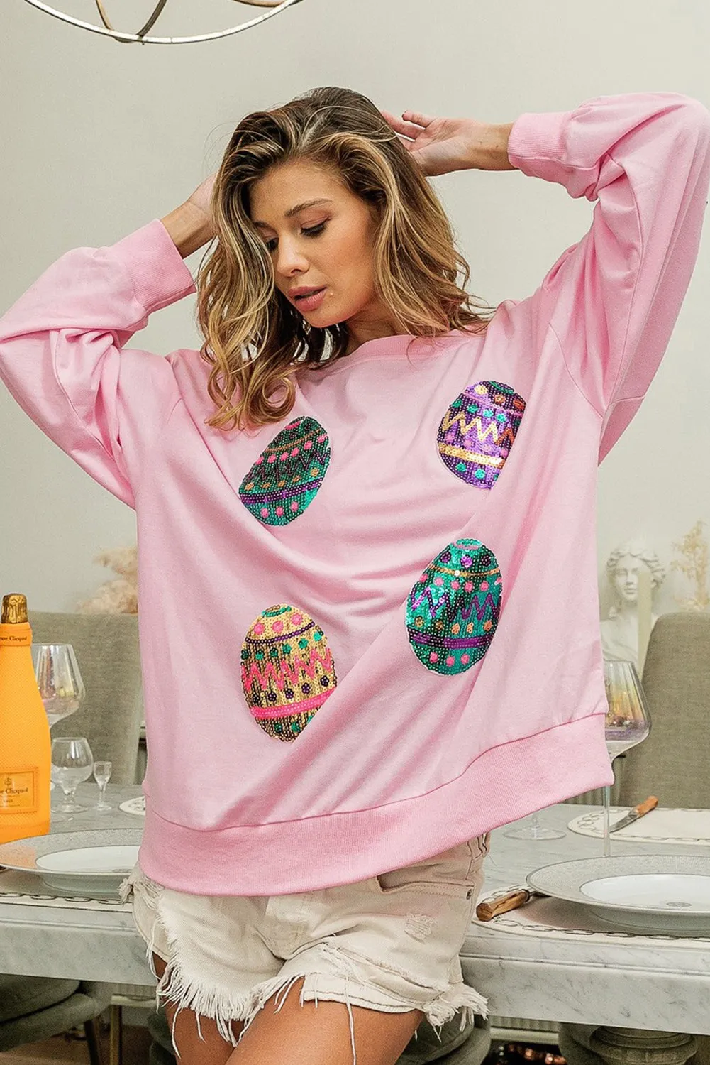 Black Sequined Easter Egg Drop Shoulder Oversized Sweatshirt