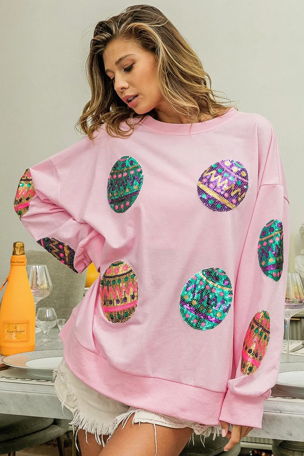 Black Sequined Easter Egg Drop Shoulder Oversized Sweatshirt