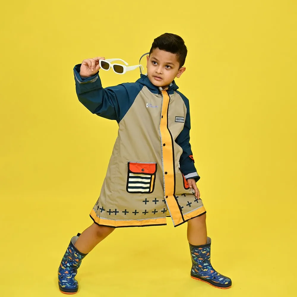 Bold Geometric print Beige & Blue Raincoat for Kids