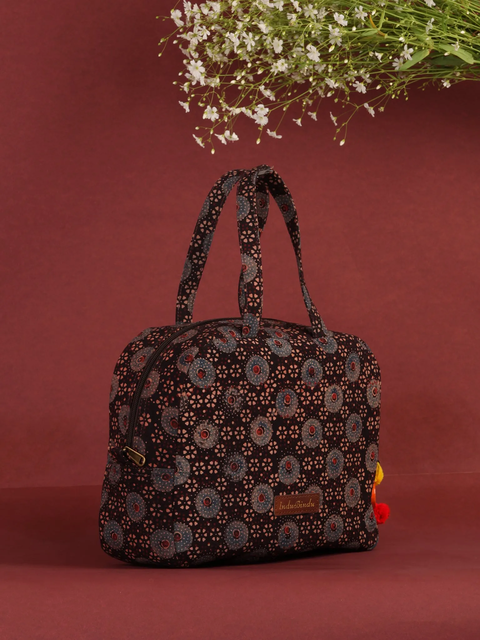 Brown Ajrakh Hand Block Printed Bucket Style Hand Bag - B0705