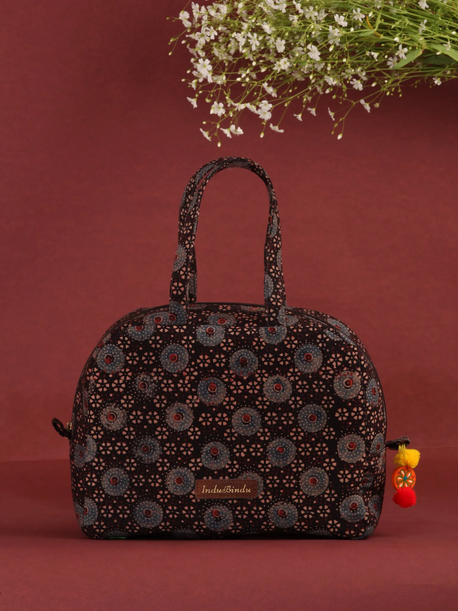 Brown Ajrakh Hand Block Printed Bucket Style Hand Bag - B0705