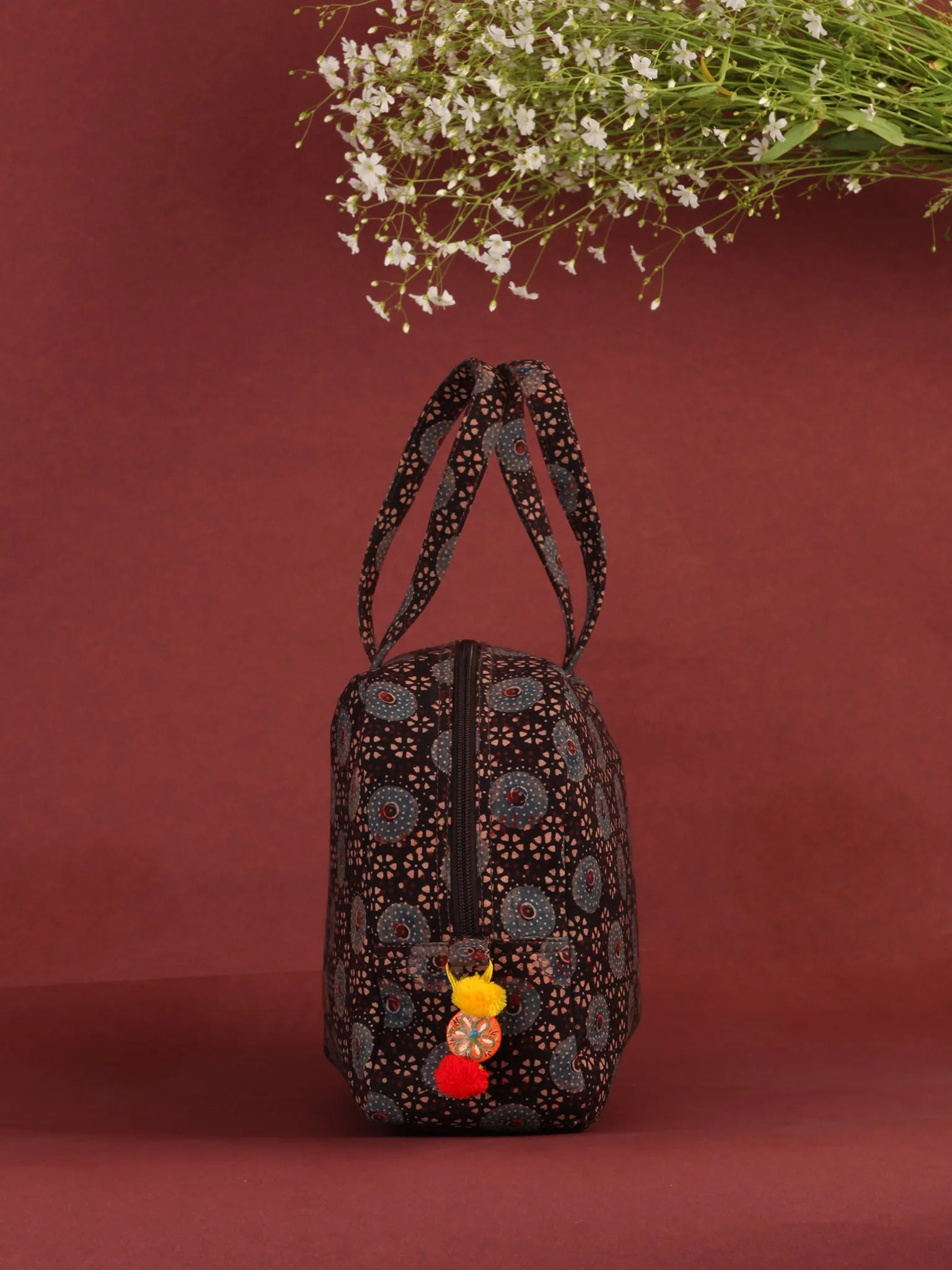 Brown Ajrakh Hand Block Printed Bucket Style Hand Bag - B0705