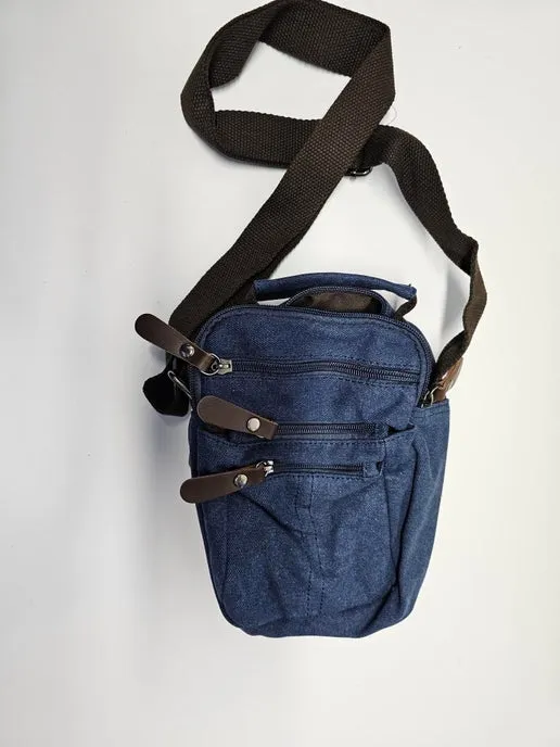 Canvas & Leather Shoulder Bag - Grey/ Blue/ Green/ Brown/ Camel