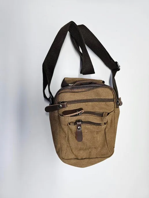 Canvas & Leather Shoulder Bag - Grey/ Blue/ Green/ Brown/ Camel