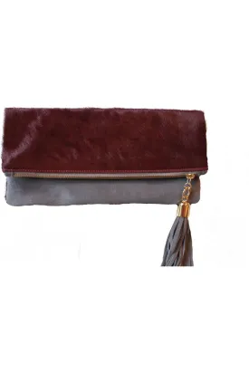 Cece Burgundy Hair on Hide Reversible to Grey Suede Foldover Clutch