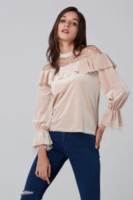 Champagne Velvet Sheer Polka dot Yoke Bardot Top