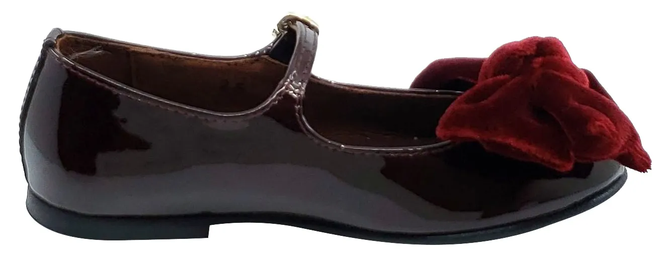 Clarys Girl's Patent Leather Mary Jane with Velvet Bow, Burgundy Patent