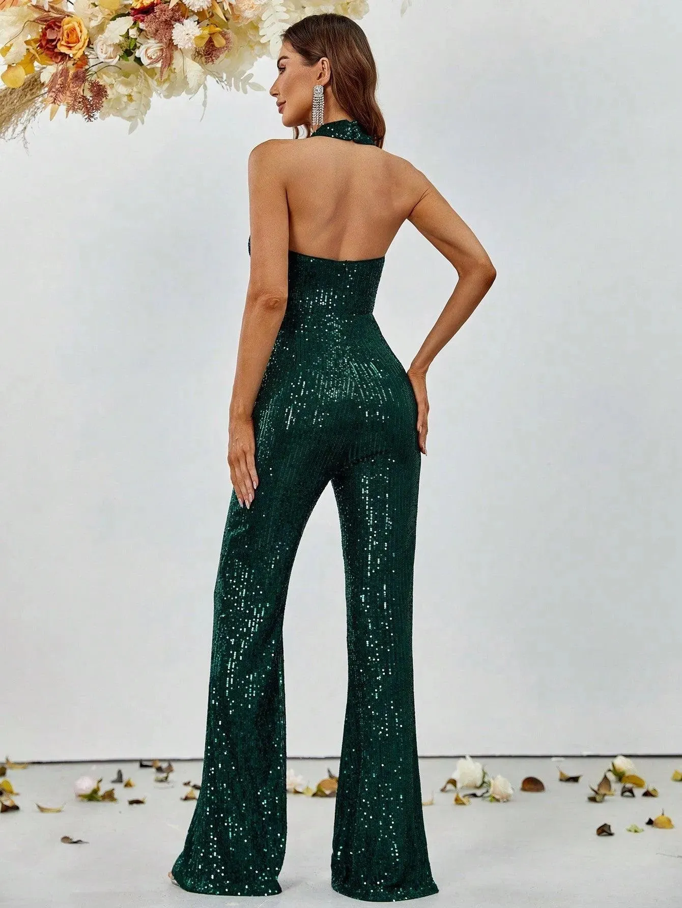 Crisscross Cut Out Sequin Flare Leg Jumpsuit