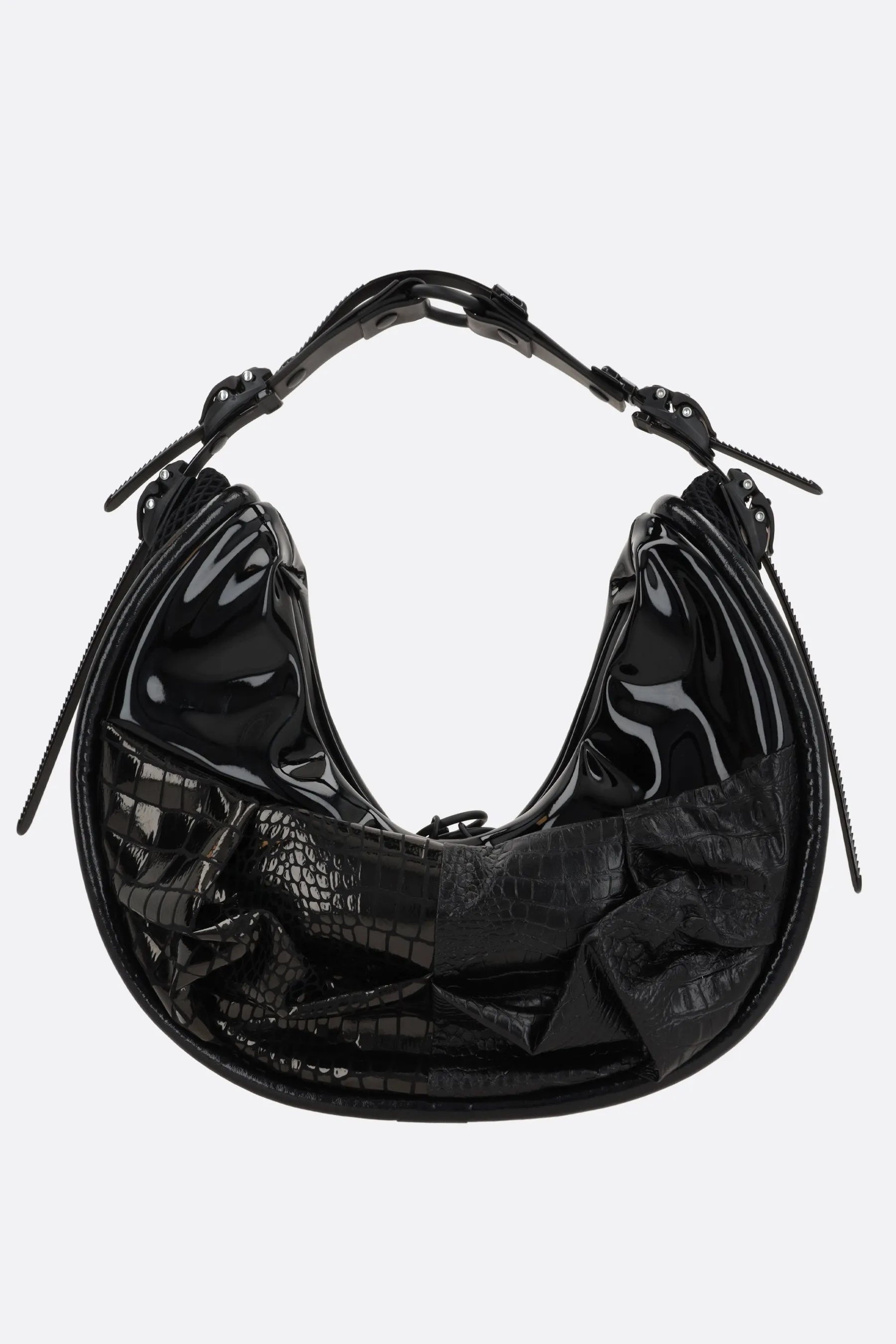 crocodile embossed leather and mesh shoulder bag