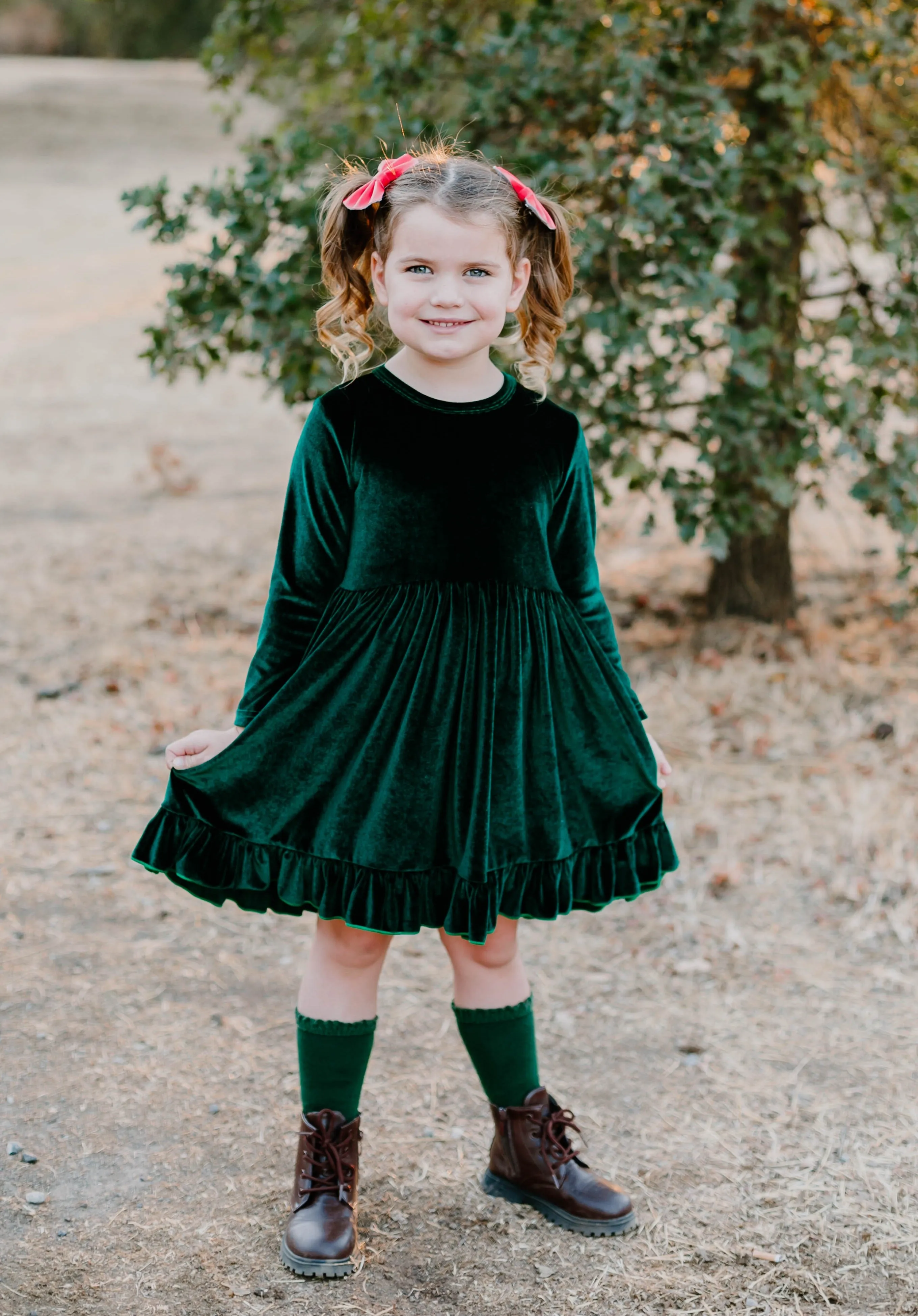 ELIZE VELOUR RUFFLE DRESS - GREEN