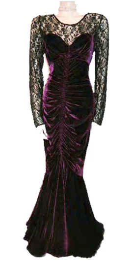 *FROM MY OWN PERSONAL COLLECTION - GLAMOROUS RUCHED BURGUNDY VELVETY & BLACK LACE ILLUSION EVENING GOWN WITH SWEETHEART NECKLINE - LARGER SIZE