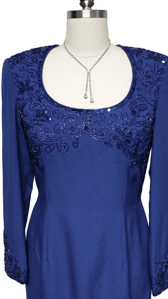 *GLAMOROUS SCALA DARK ROYAL BLUE SEQUIN, BUGLE BEADS & ROUND BEADED DRESS