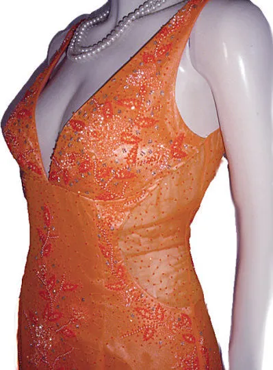 LA FEMME PARIS SPARKLING BEADED SILK EVENING GOWN WITH FABULOUS SHEER SIDES & BACK IN EXOTIC MANDARIN