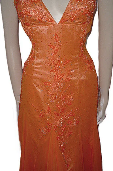 LA FEMME PARIS SPARKLING BEADED SILK EVENING GOWN WITH FABULOUS SHEER SIDES & BACK IN EXOTIC MANDARIN