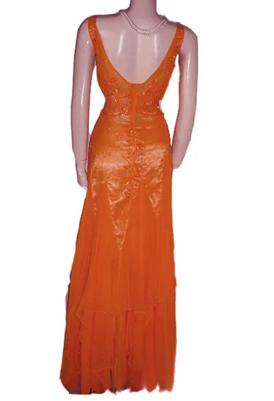 LA FEMME PARIS SPARKLING BEADED SILK EVENING GOWN WITH FABULOUS SHEER SIDES & BACK IN EXOTIC MANDARIN