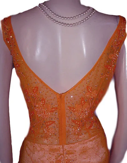 LA FEMME PARIS SPARKLING BEADED SILK EVENING GOWN WITH FABULOUS SHEER SIDES & BACK IN EXOTIC MANDARIN