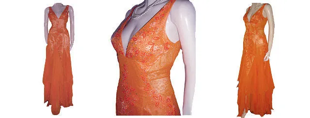 LA FEMME PARIS SPARKLING BEADED SILK EVENING GOWN WITH FABULOUS SHEER SIDES & BACK IN EXOTIC MANDARIN