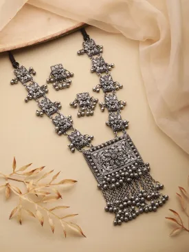 Oxidized Silver-Plated & Ghungroo Beaded Floral Jewelry Set