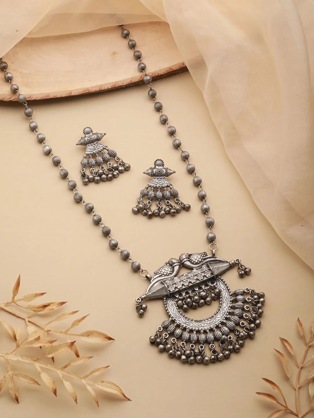 Oxidized Silver-Plated Artificial Stone Beaded Peacock Shaped Jewelry Set