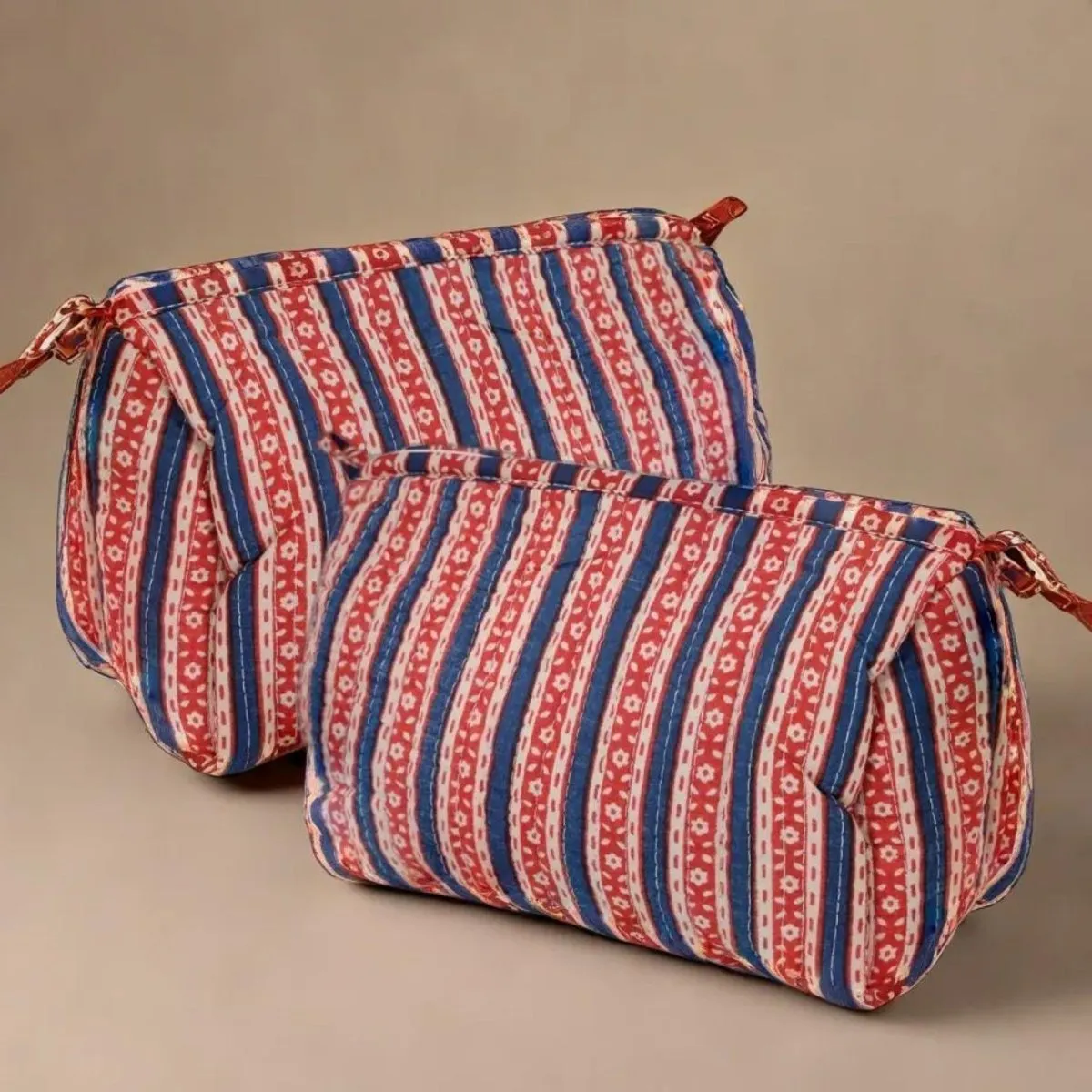 Quilted Makeup Pouch/Utility Pouch Set of 2 - Handprinted in Red & Blue | Portable Toiletry Bag for Travel