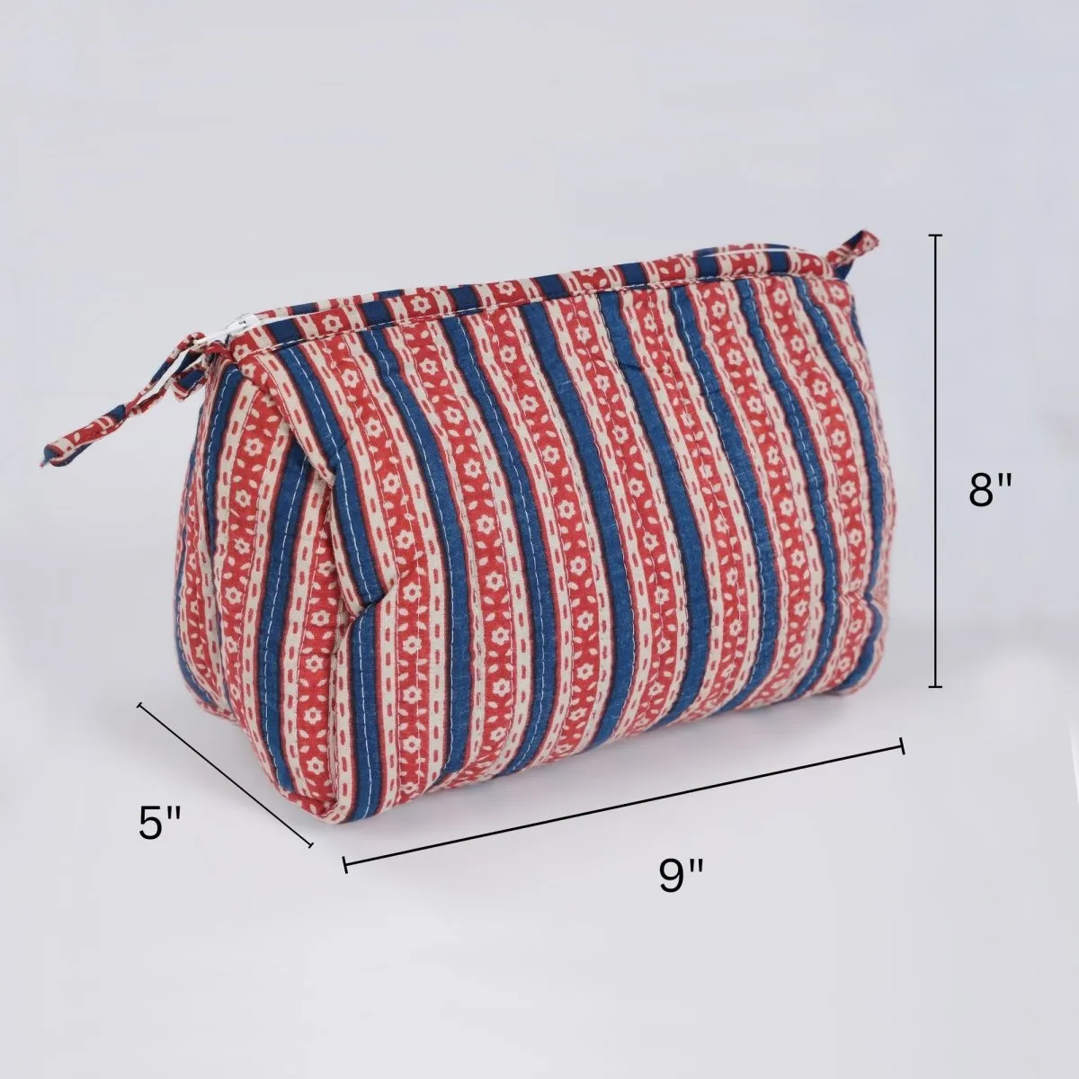 Quilted Makeup Pouch/Utility Pouch Set of 2 - Handprinted in Red & Blue | Portable Toiletry Bag for Travel