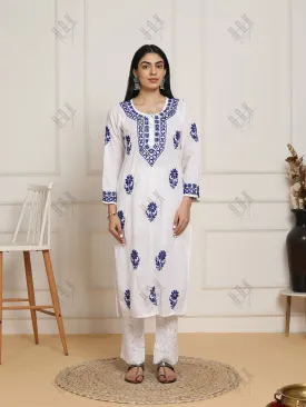 Saba Chikankari set in Mul cotton Kurta for Women - White with Sky Blue