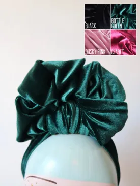 SCRUNCHIE KNOT Velvet Pre-tied Stretchy 1940s Style Turban (Full Coverage) in 4 Colours (made to order)