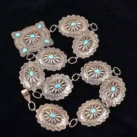 SOLD Vintage 1930s Navajo Native American Silver Turquoise Repousse Concho Belt 143.7 Grams