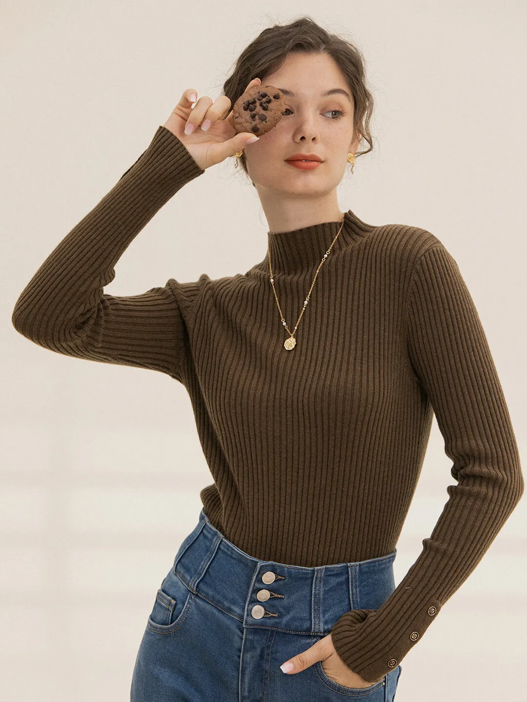 Stella Mock Turtleneck Brown Bottoming Top