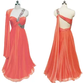 *VINTAGE GLAMOROUS NITE MOVES SPARKLING JEWELED, SEQUIN & BEADED ONE SHOULDER GODDESS EVENING GOWN IN TANGERINE