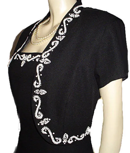 *VINTAGE J. R. NITES BY CALIENDO BLACK CREPE EVENING GOWN WITH MATCHING SPARKLING BEADED SEQUIN JACKET - LARGER SIZE