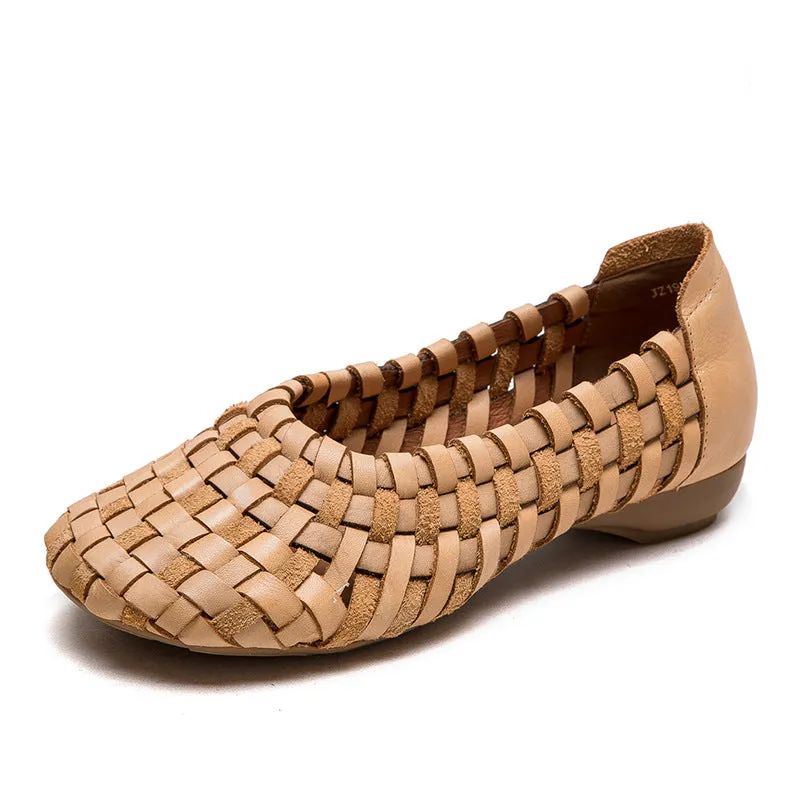 Women Handcraft Plaited Leather Soft Low Block Sandals